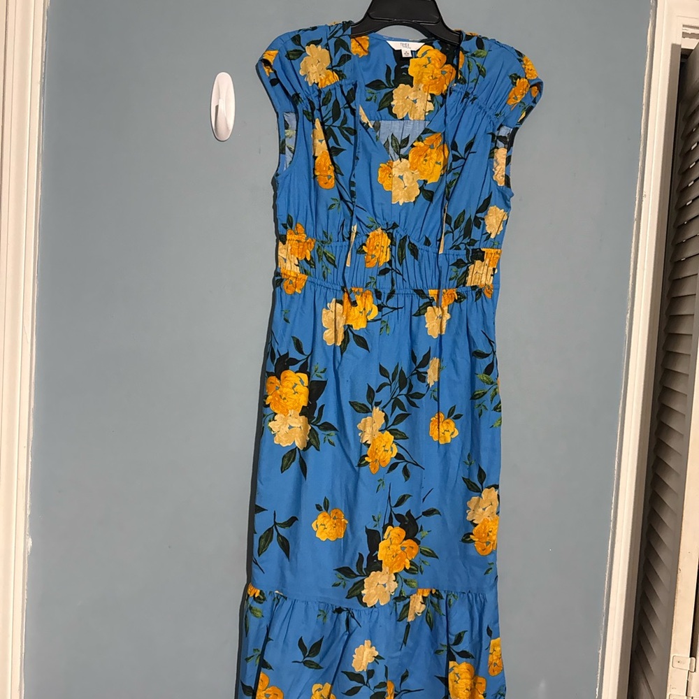 Time and Tru Blue Maxi Dress with Yellow Floral Design